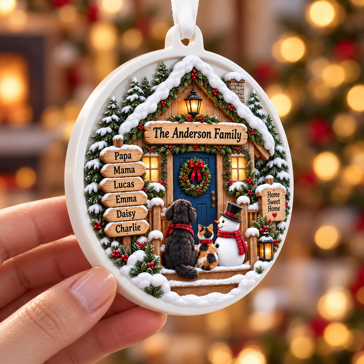 Round Christmas Tree Decoration with Winter Cabin, Snowman, and Pets - 3D Relief Ornament
