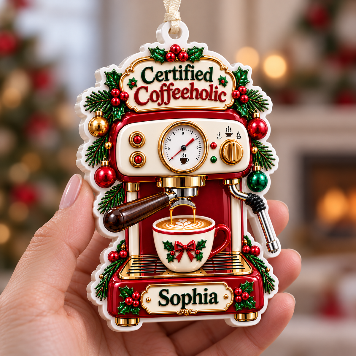 Espresso Machine Certified Coffeeholic Holiday Hanging Decor - 3D Relief Ornament