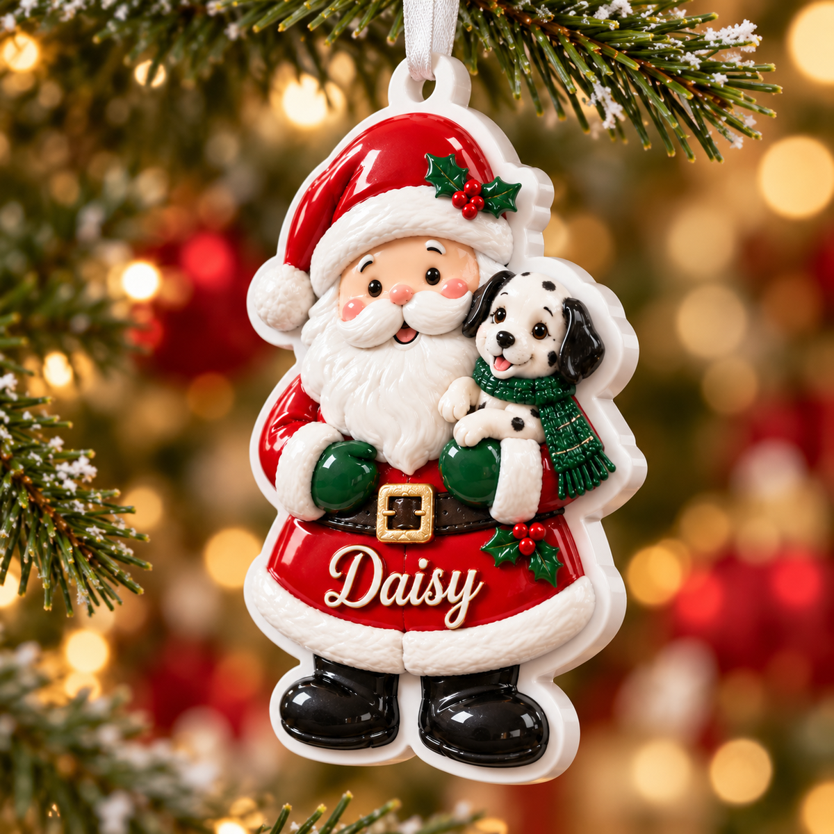 Santa Claus Holding Spotted Puppy Dog Christmas Tree Hanging Accent - 3D Relief Ornament