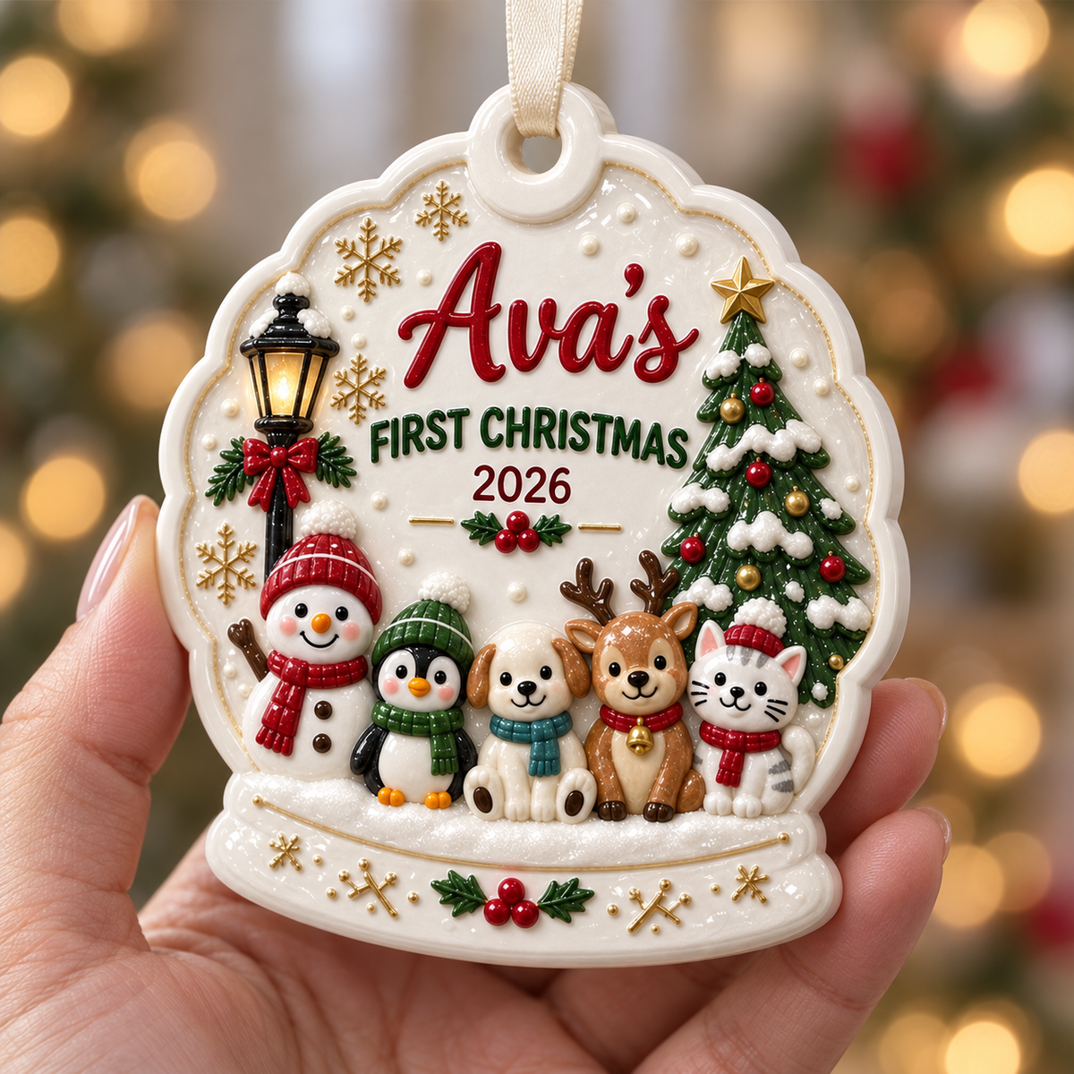 First Christmas Snow Globe Hanging Keepsake with Winter Animals - 3D Relief Ornament