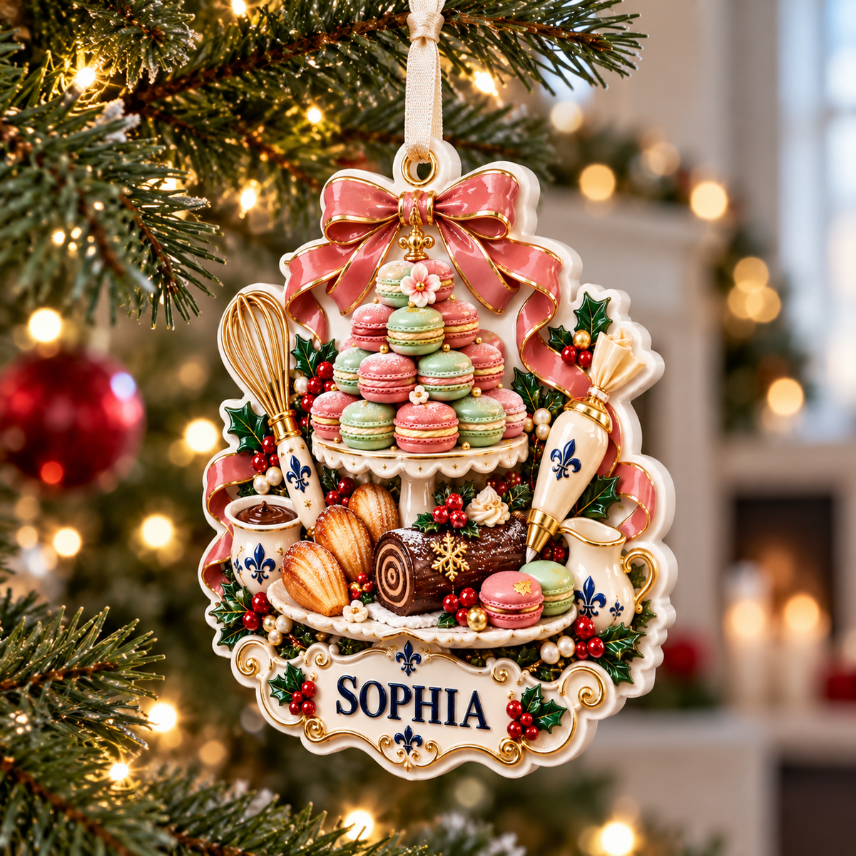 French Bakery Macaron Tower and Pastry Holiday Keepsake - 3D Relief Ornament
