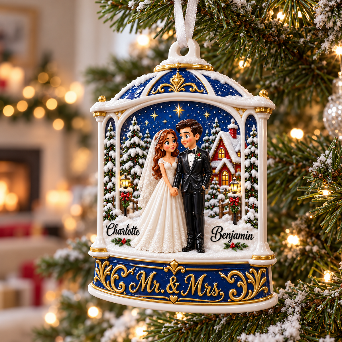 Winter Wedding Couple Mr and Mrs Blue Bell Christmas Tree Keepsake - 3D Relief Ornament