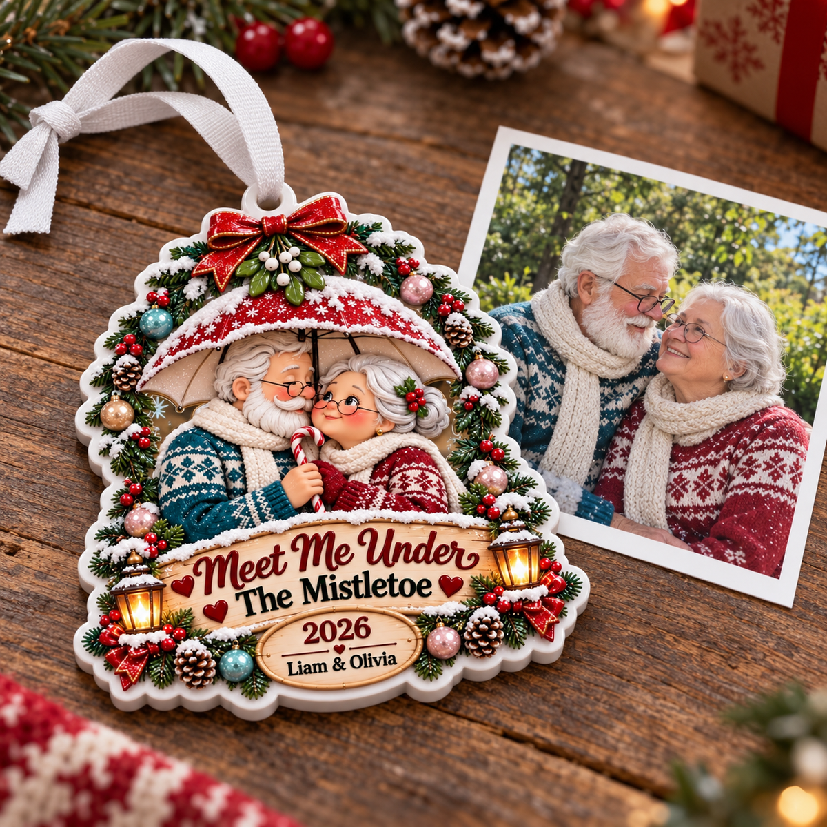 Elderly Couple Under Umbrella Holiday Tree Hanging - 3D Relief Ornament