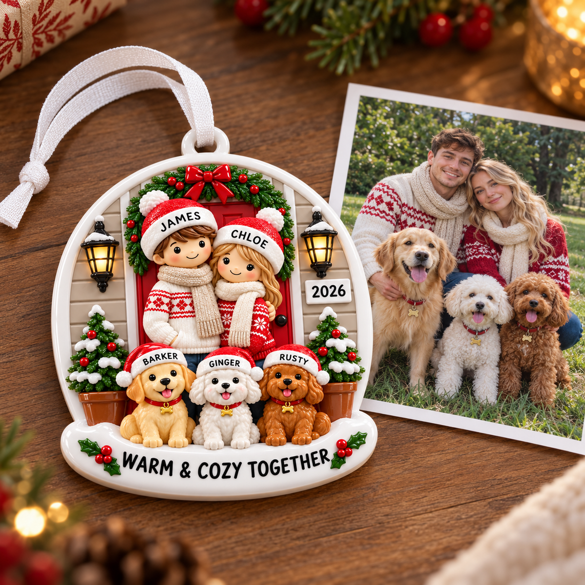 Couple with Three Dogs Front Porch Holiday Keepsake - 3D Relief Ornament