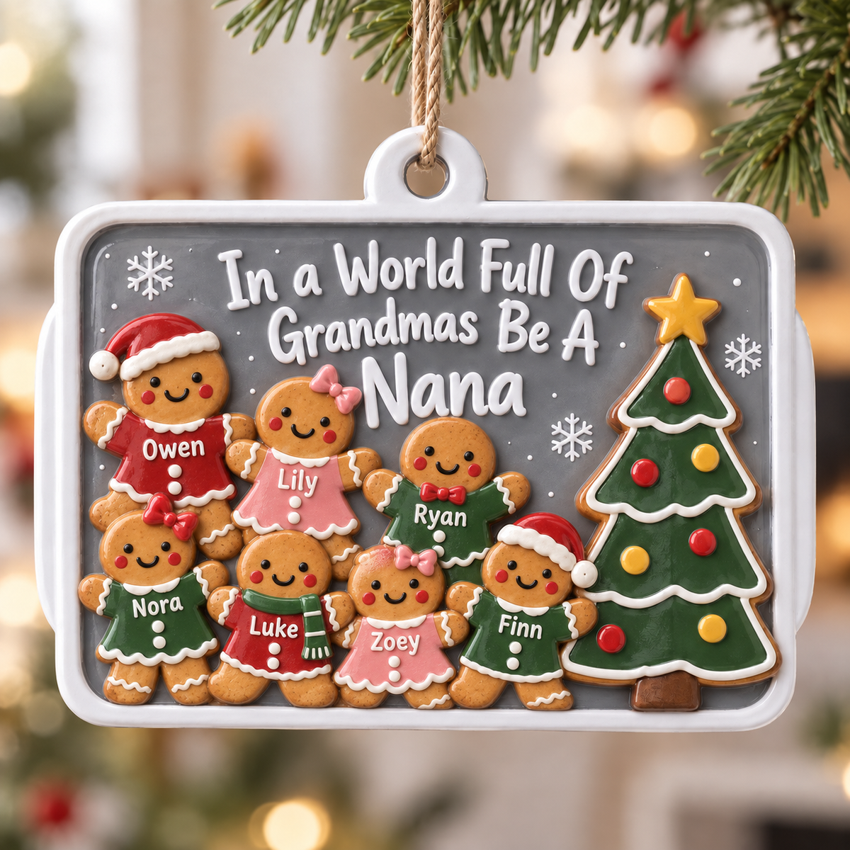 Nana Gingerbread Family Christmas Plaque, Rectangular Hanging Holiday Tree Decor - 3D Relief Ornament