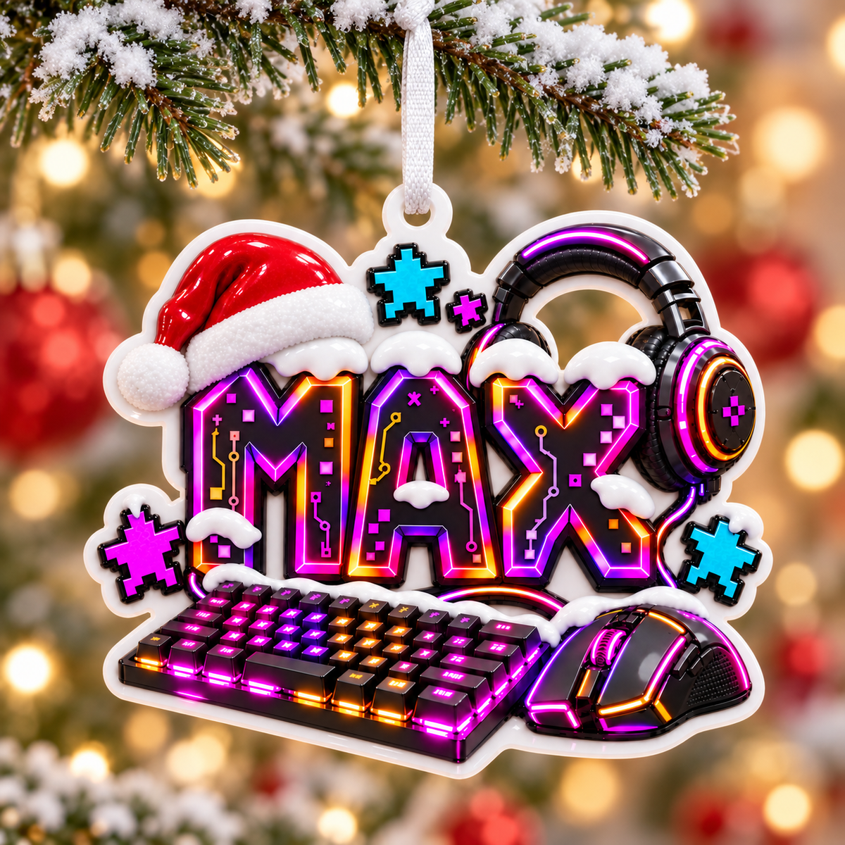 Video Gaming Santa Hat with Keyboard and Headset Christmas Holiday Decoration - 3D Relief Ornament