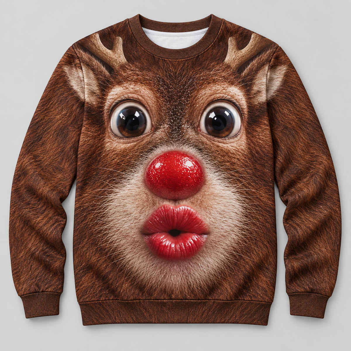 Funny Christmas Sweatshirt 3D Kissing Face Holiday Character Pullover