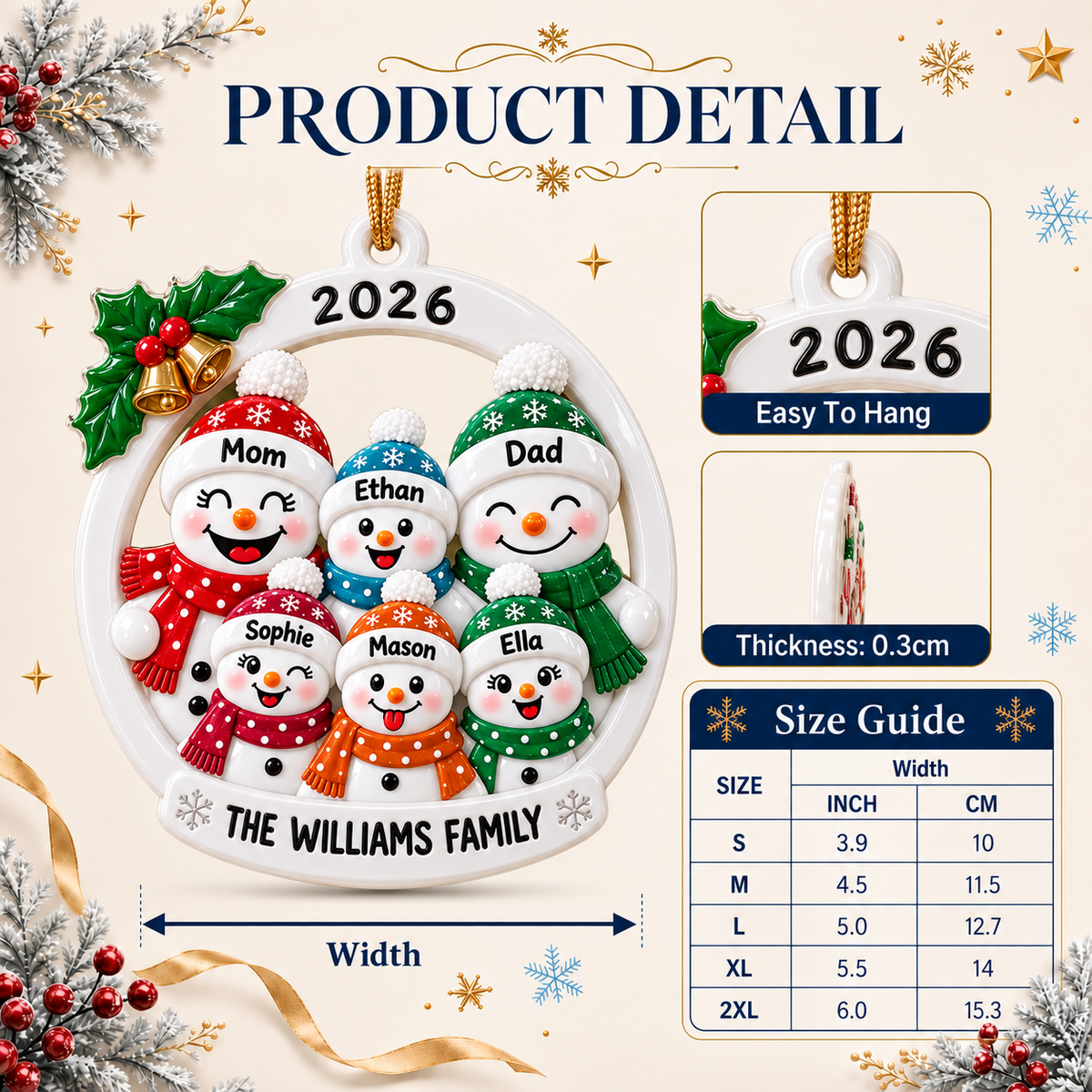Snowman Family of 6 Christmas Tree Hanging Decoration with Holly and Bells - 3D Relief Ornament