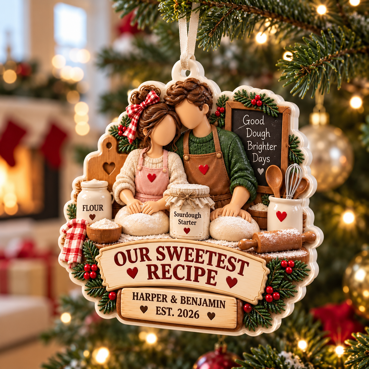 Baking Couple Holiday Keepsake with Sourdough Bread Kitchen Motif - 3D Relief Ornament