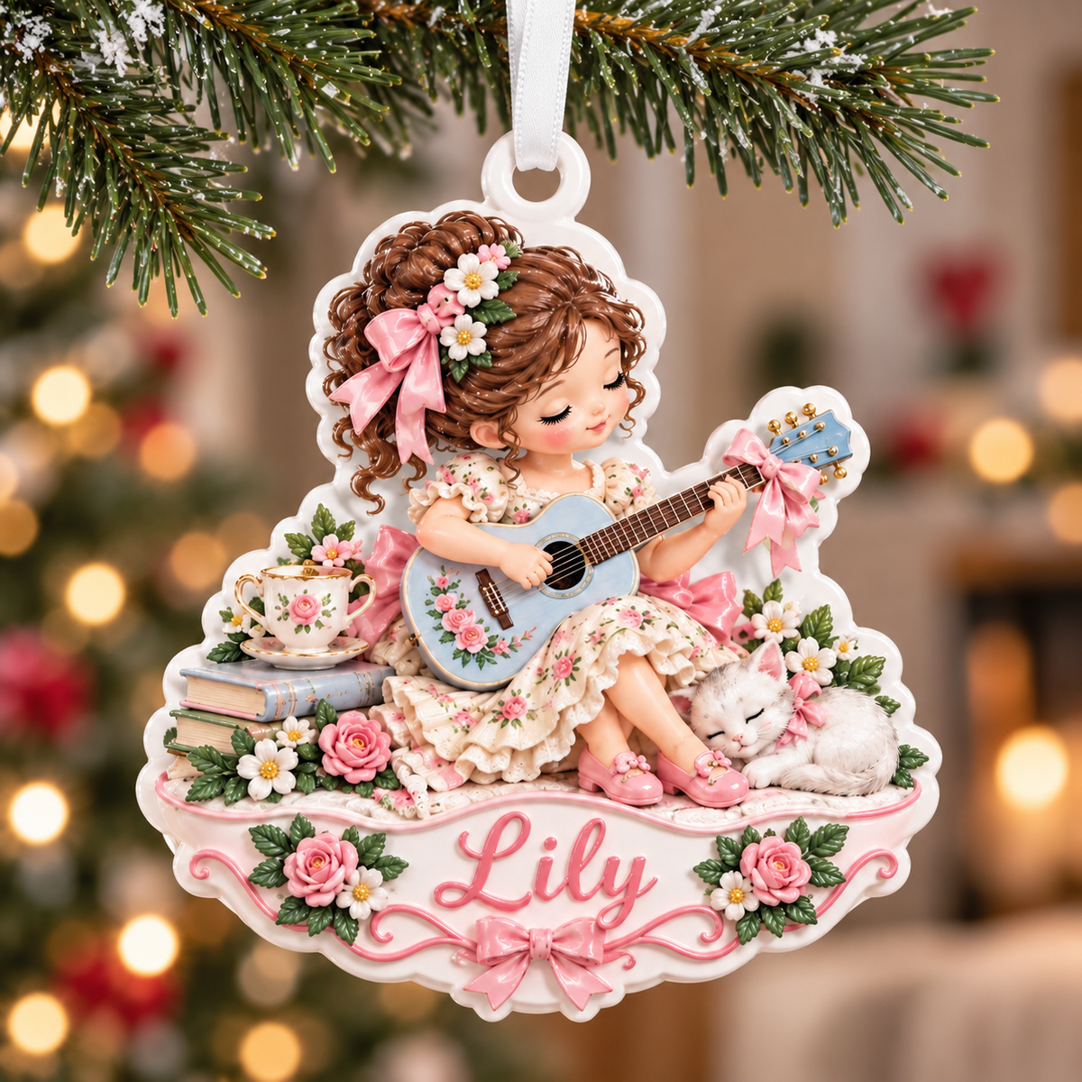 Girl Playing Guitar with Sleeping Kitten and Floral Teacup - 3D Relief Ornament