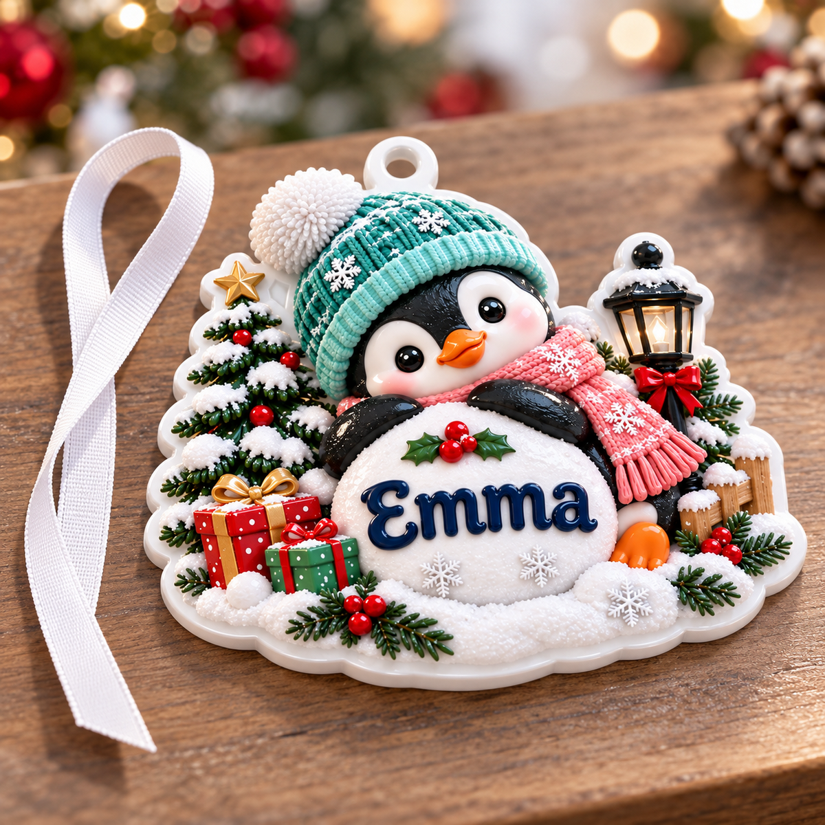 Winter Penguin with Christmas Tree and Streetlamp Holiday Keepsake - 3D Relief Ornament