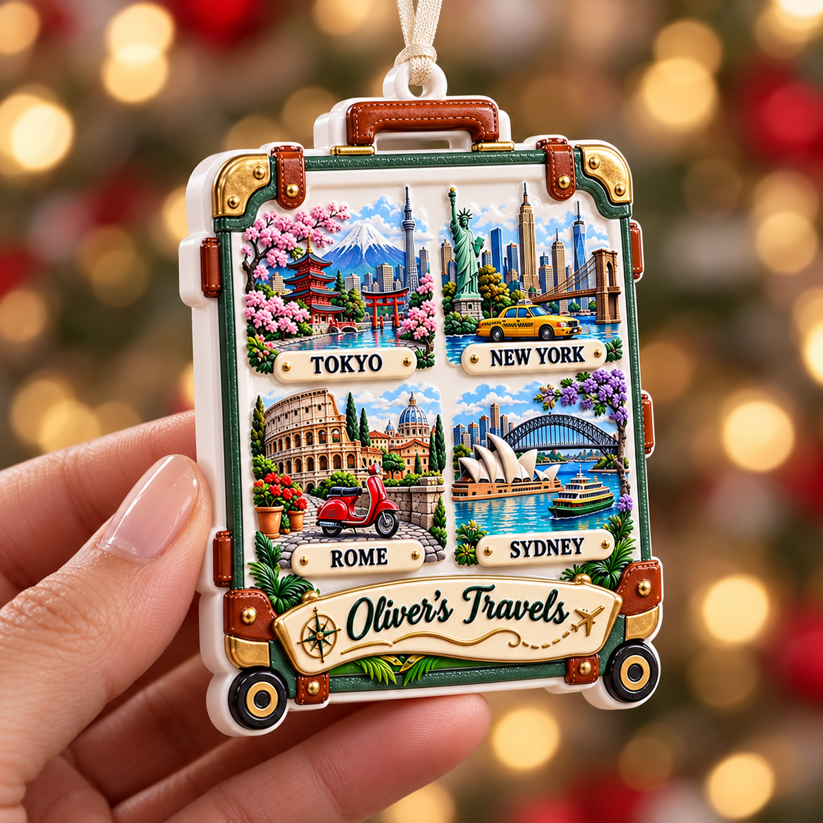 Travel Suitcase Luggage City Landmarks Hanging Holiday Keepsake - 3D Relief Ornament