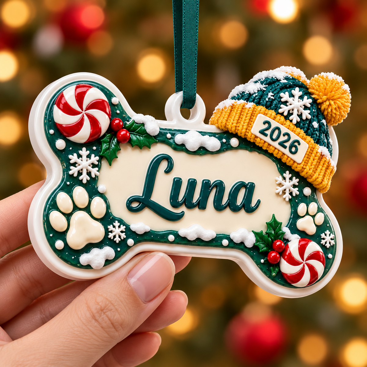 Dog Bone Holiday Keepsake with Knit Beanie Hat and Peppermint Details - 3D Relief Ornament