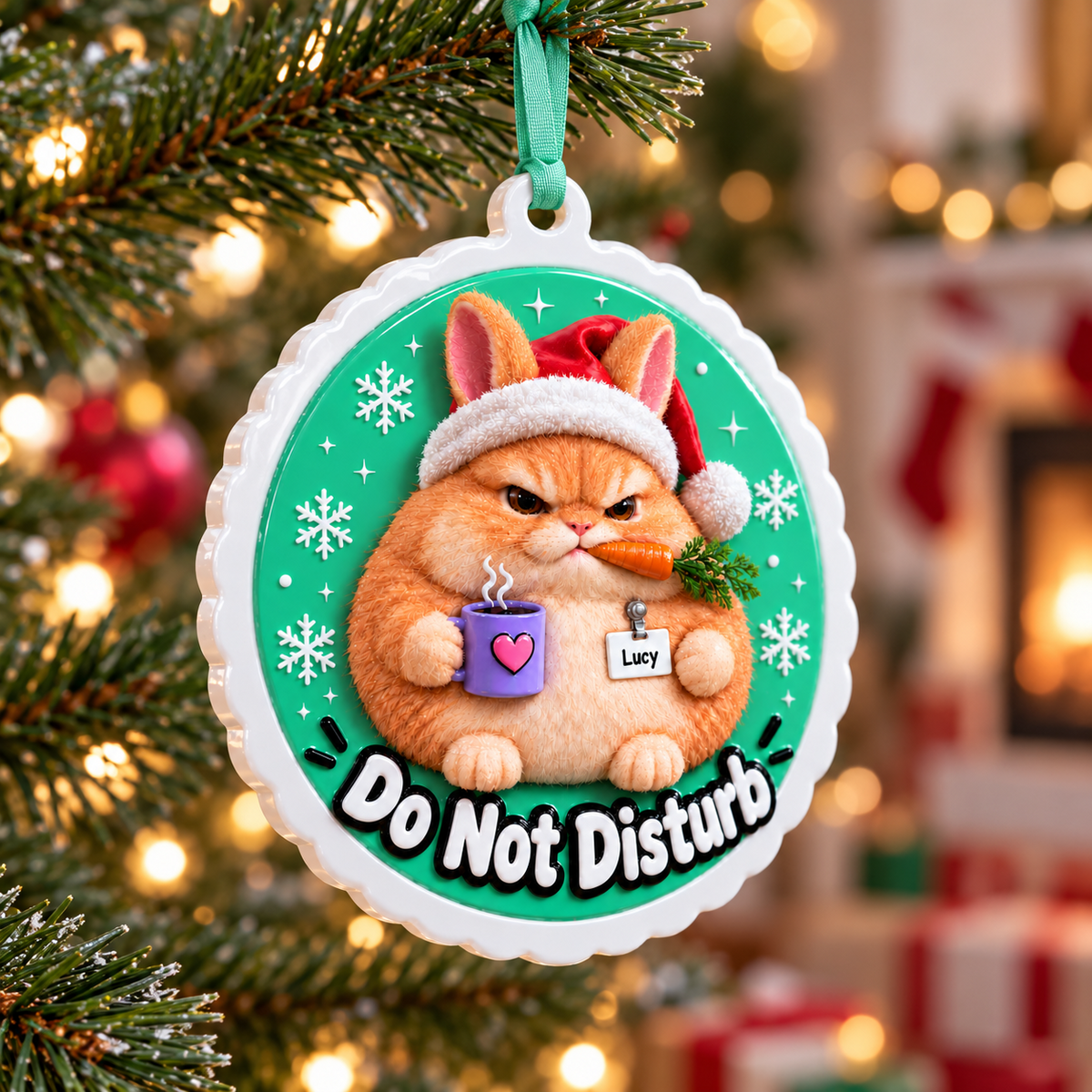 Grumpy Fluffy Bunny in Santa Hat with Coffee Cup Medallion - 3D Relief Ornament