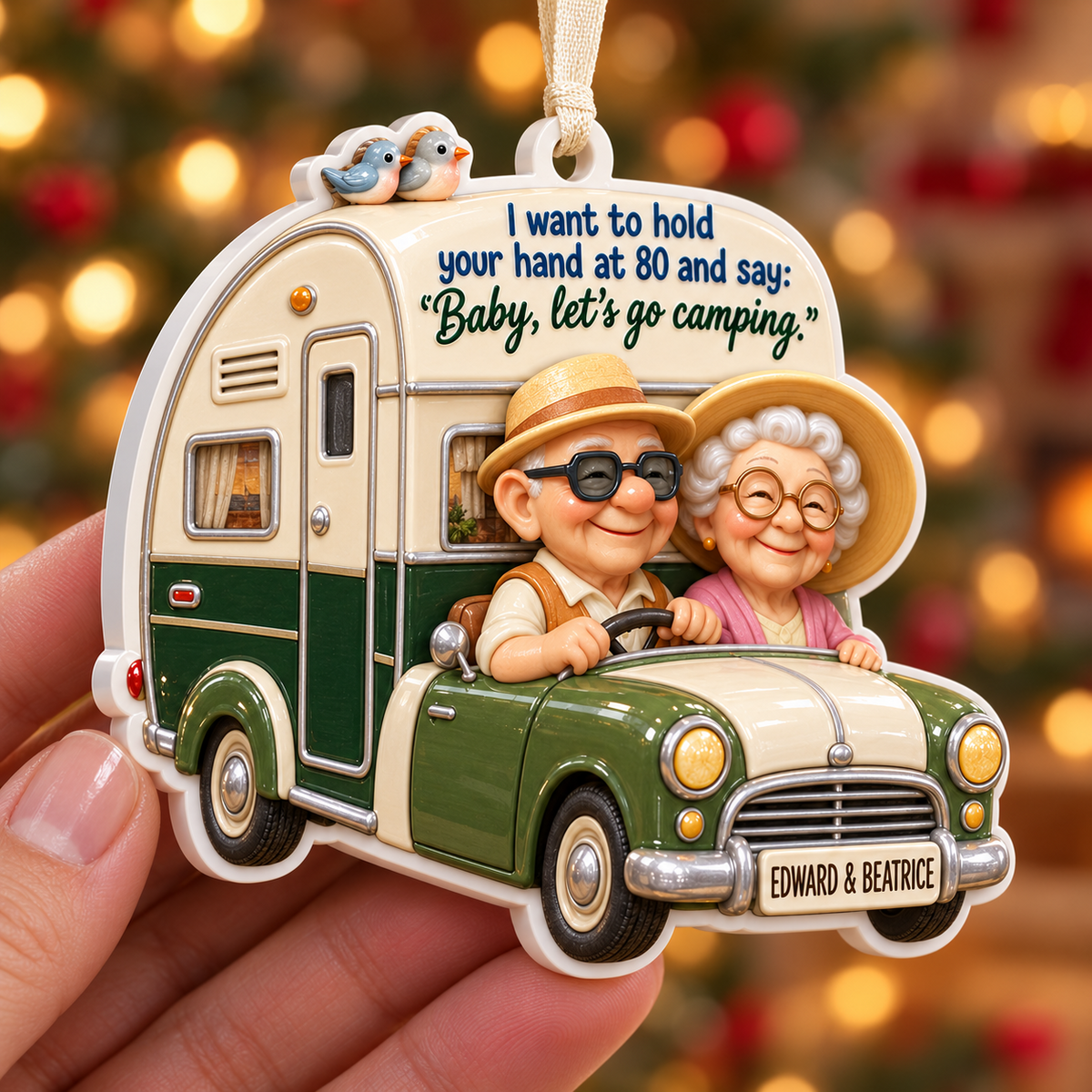 Elderly Couple Camping Car and Caravan Hanging Keepsake - 3D Relief Ornament