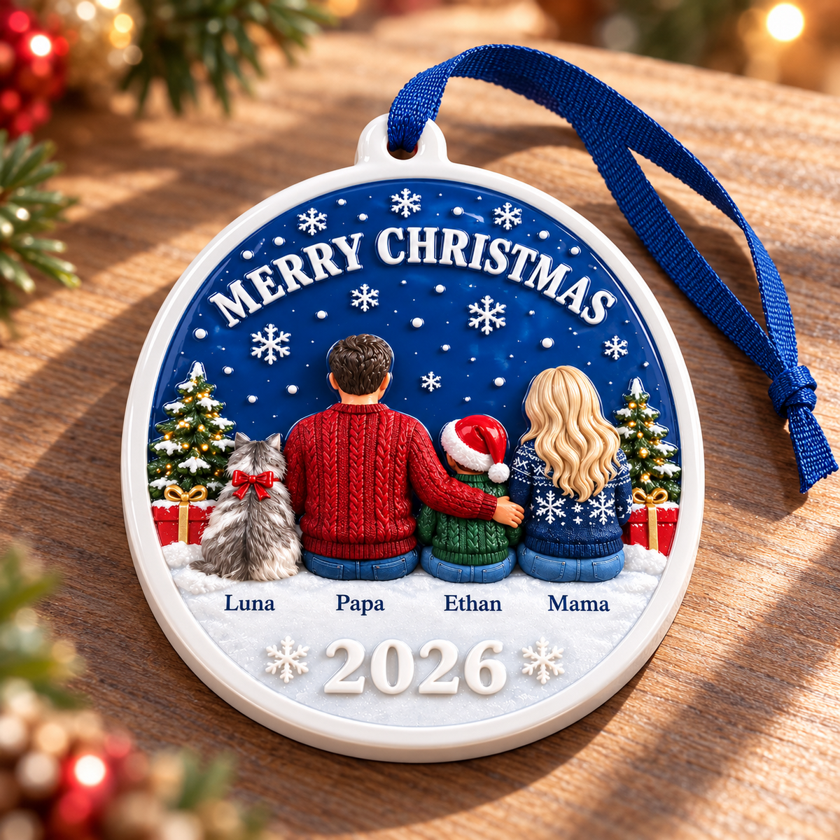 Family and Cat Christmas Hanging Medallion, Oval Blue Winter Sky Holiday Decor - 3D Relief Ornament