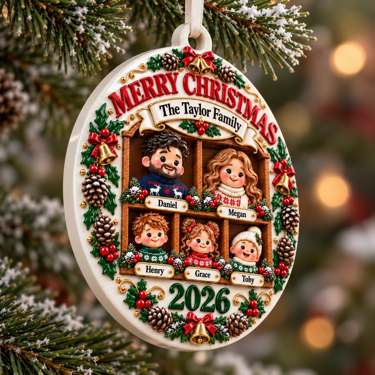 Family of Five Holiday Keepsake Acrylic Medallion with Pinecones - 3D Relief Ornament