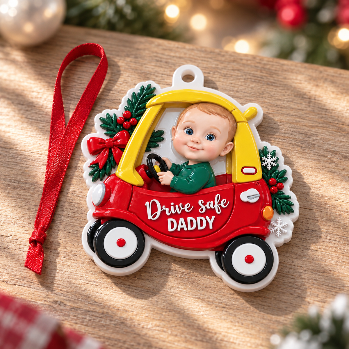 Baby in Red Toy Car Drive Safe Daddy Christmas Tree Keepsake - 3D Relief Ornament
