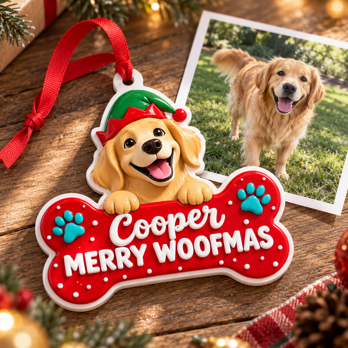Golden Retriever Puppy Wearing Elf Hat Dog Bone Holiday Tree Decor - 3D Relief Ornament