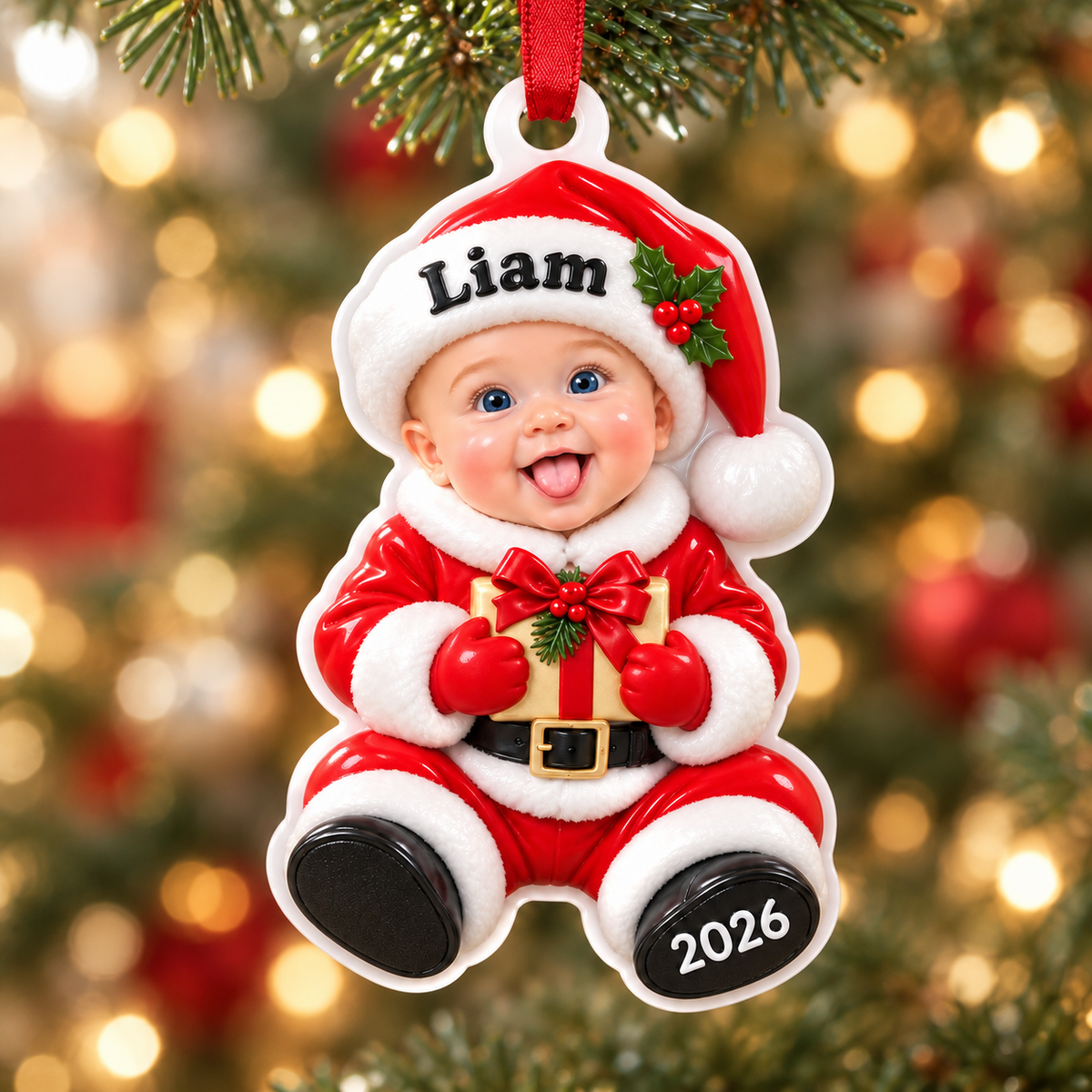 Red Santa Hat and Gold Gift Box Christmas Picture Frame Hanging Decor - 3D Relief Ornament