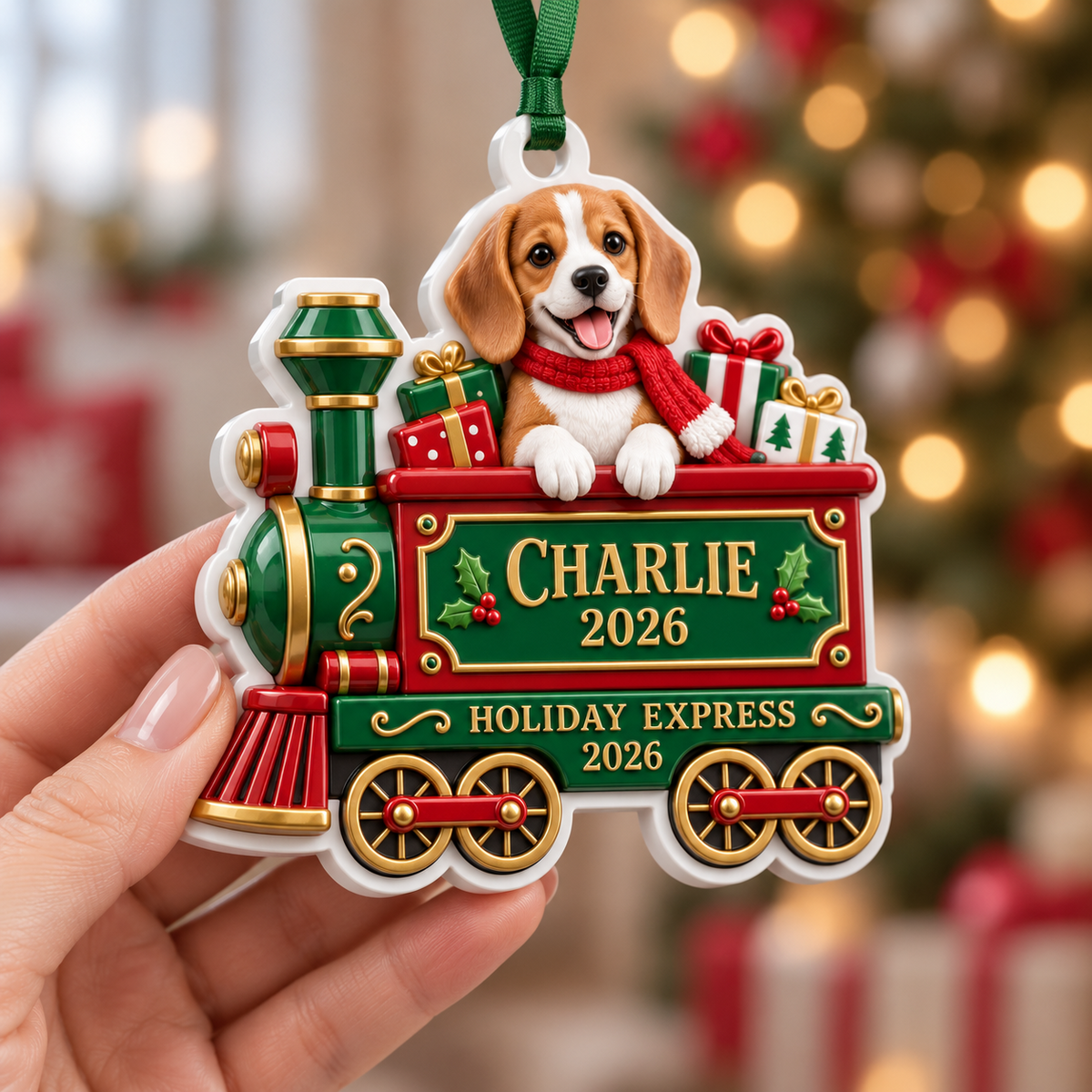 Holiday Express Christmas Train with Stacked Gifts in Green and Red - 3D Relief Ornament