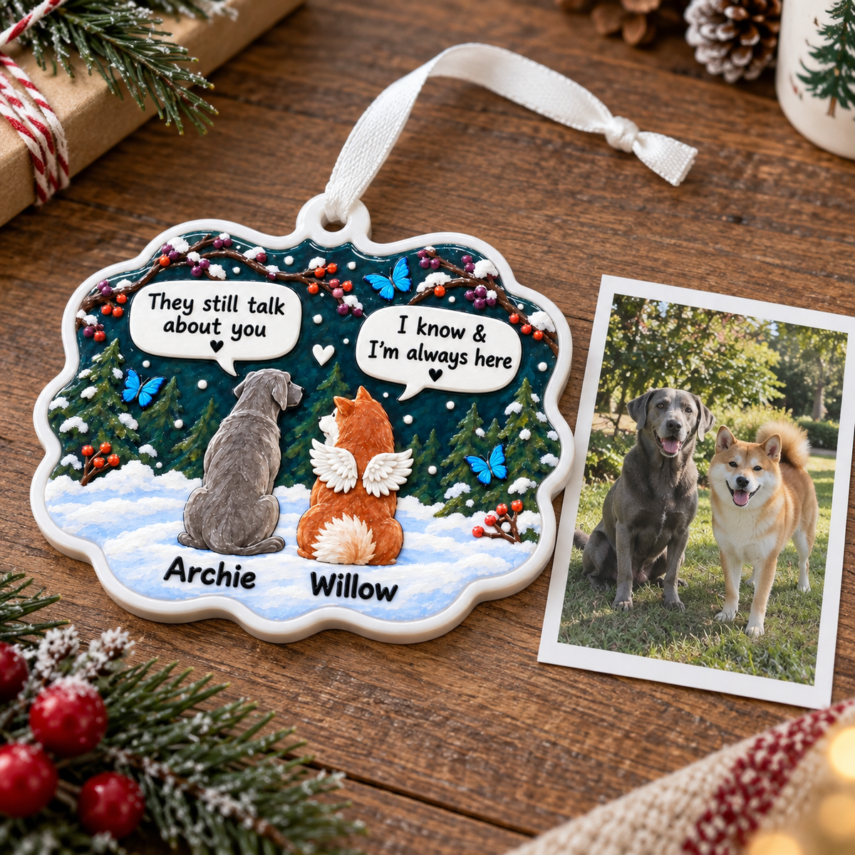 Dog Memorial Hanging Plaque with Angel Wings and Winter Forest - 3D Relief Ornament