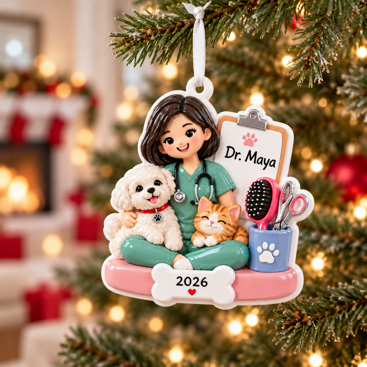 Female Veterinarian with Dog and Cat Resin Figurine Holiday Decor - 3D Relief Ornament