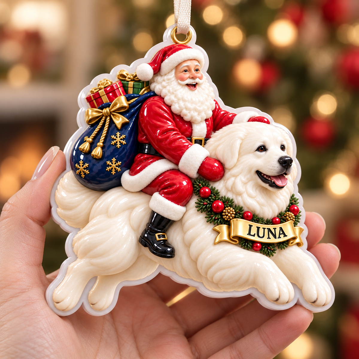 Great Pyrenees Santa Claus Christmas Tree Hanging Decoration - 3D Relief Ornament