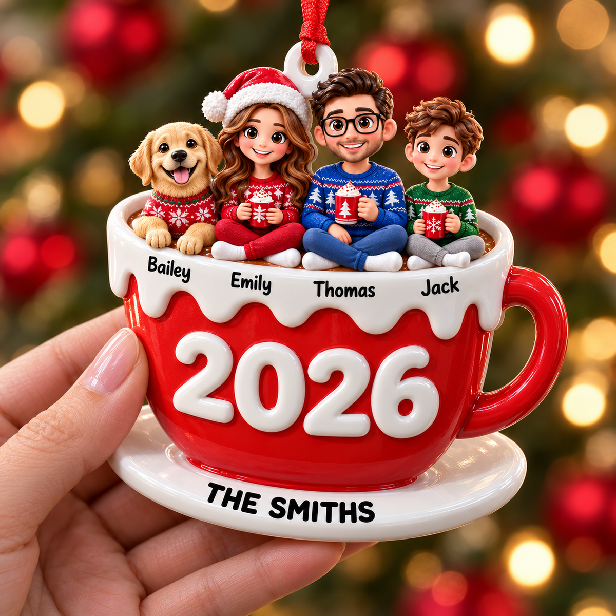 Family of Three with Dog in Hot Cocoa Mug Holiday Keepsake - 3D Relief Ornament