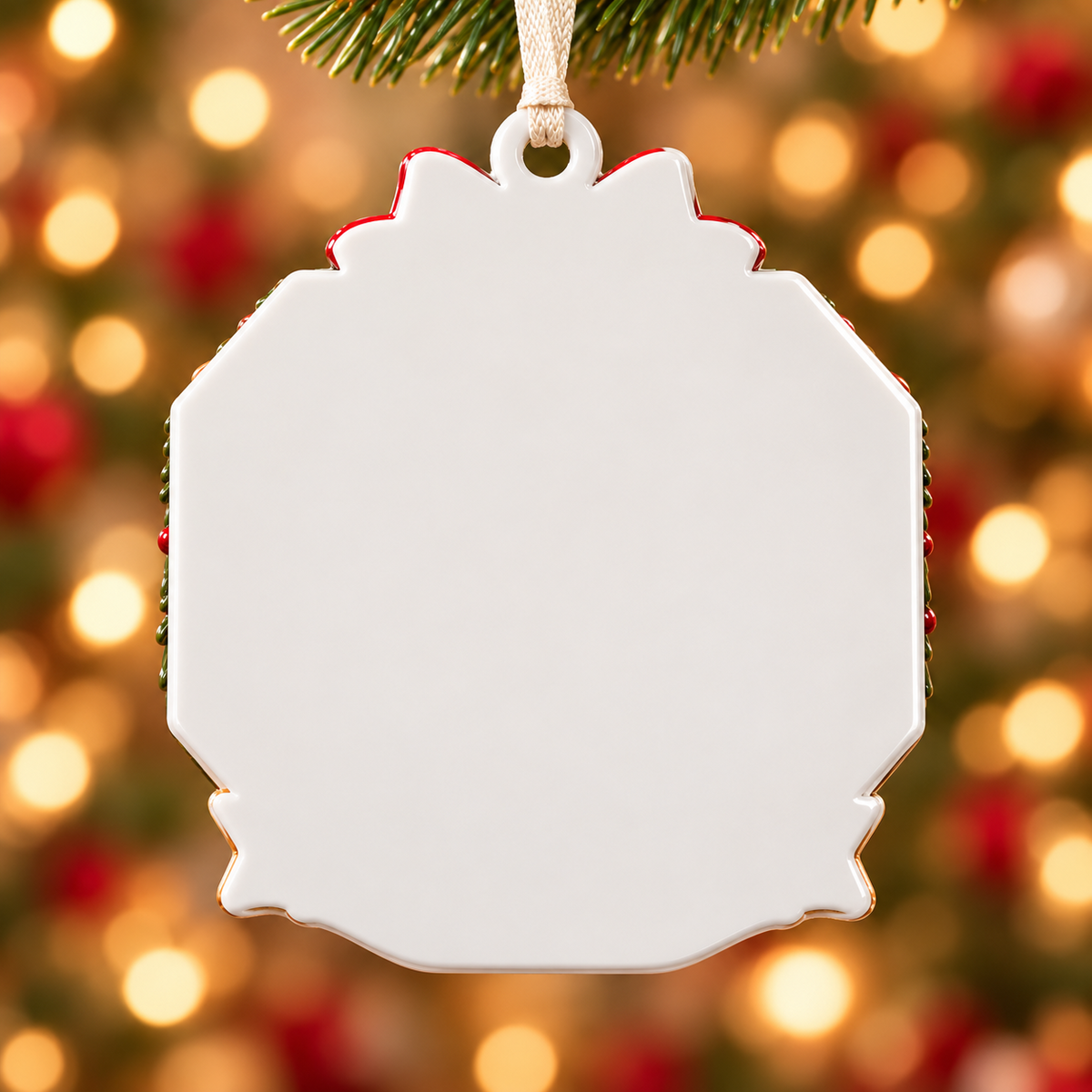 Family Portrait with Dog Wreath and Red Bow Ceramic Keepsake - 3D Relief Ornament
