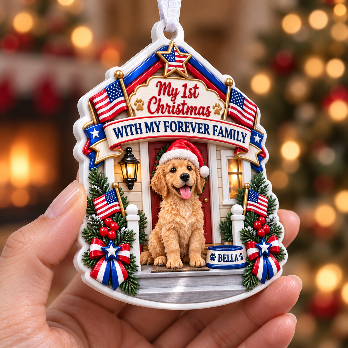 Golden Retriever Puppy First Christmas Forever Family Patriotic Porch Holiday Tree Decor - 3D Relief Ornament