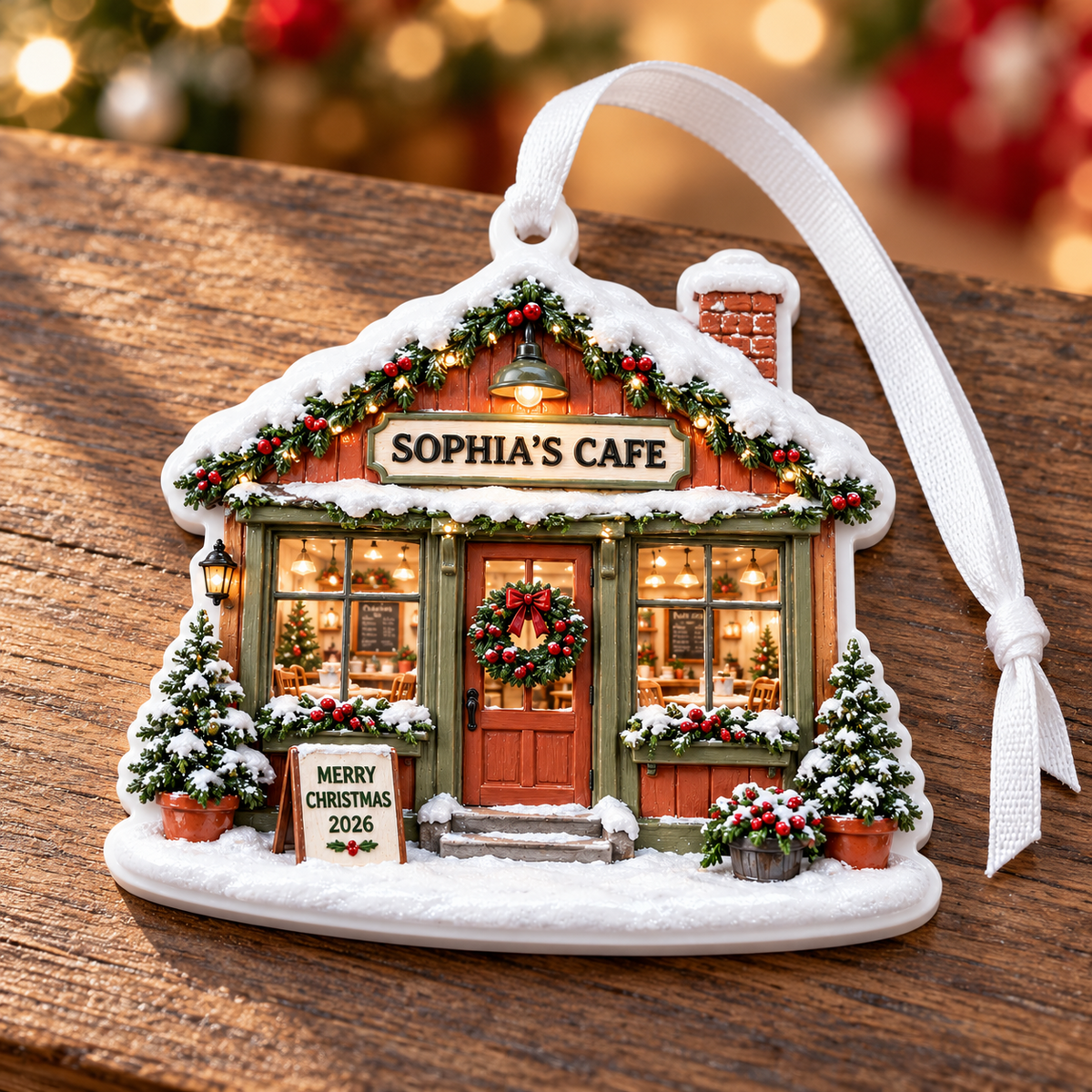 Snowy Christmas Cafe Storefront Hanging Holiday Decoration - 3D Relief Ornament