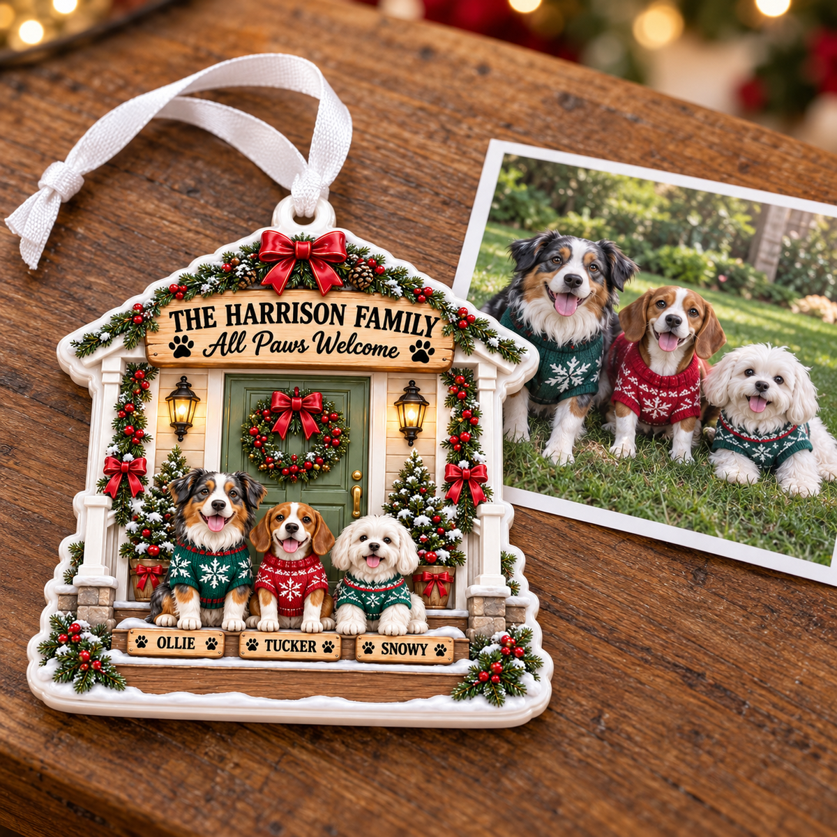 Christmas Front Porch Dogs Holiday Tree Hanging Plaque - 3D Relief Ornament