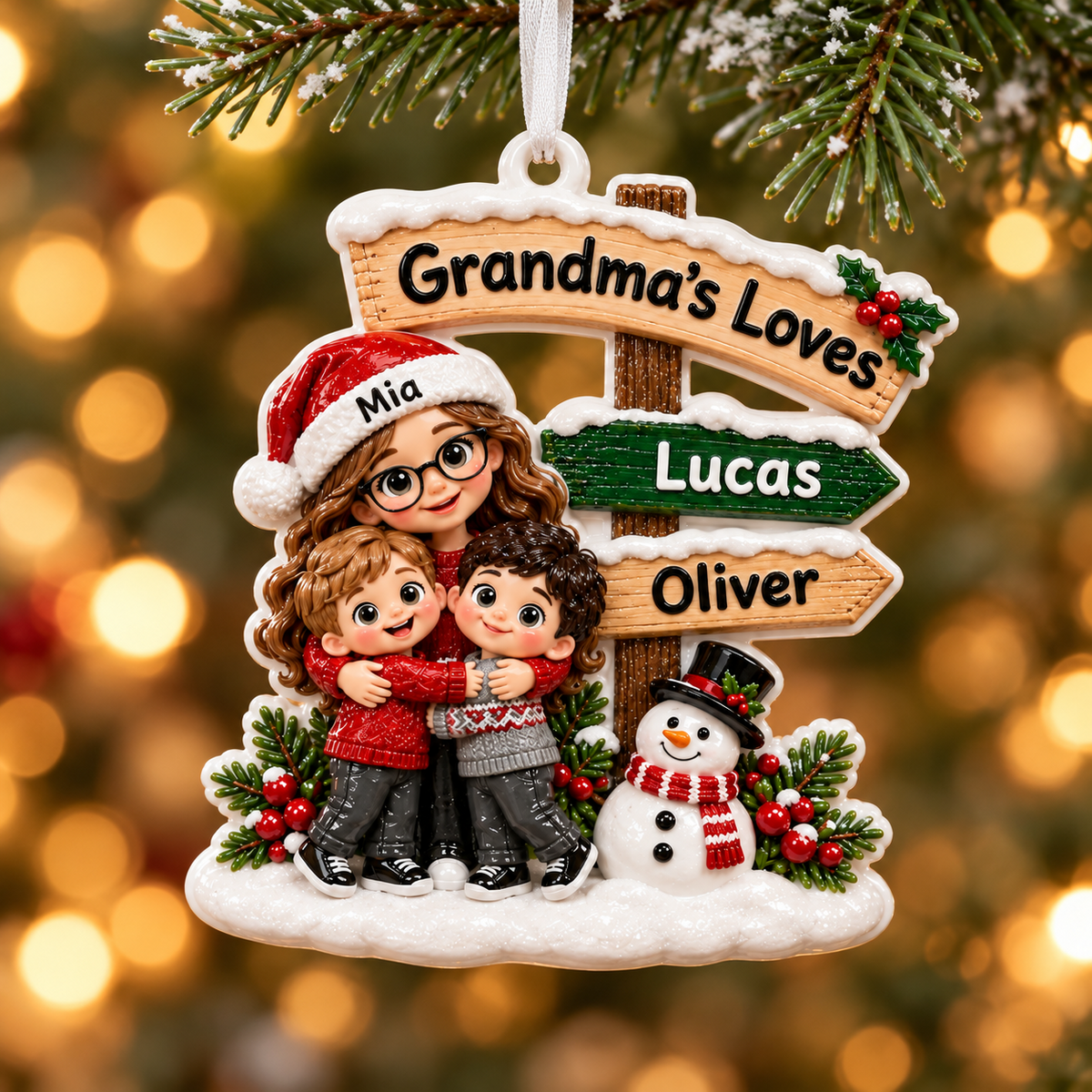 Grandma And Grandkids Directional Sign Winter Holiday Family Keepsake - 3D Relief Ornament