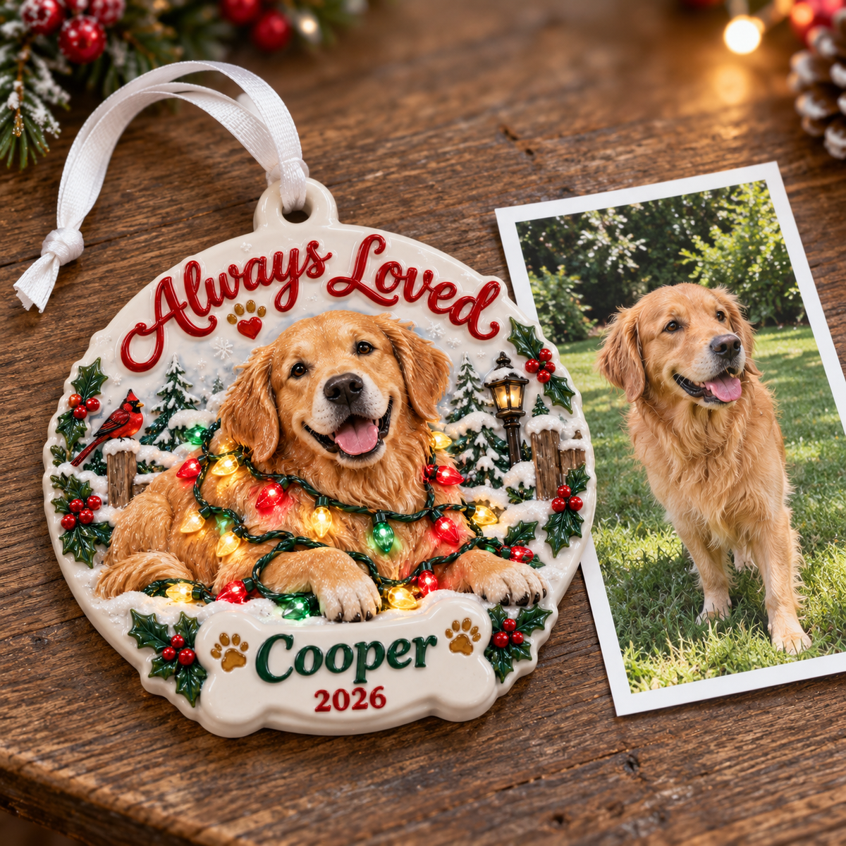Golden Retriever Dog Memorial Winter Scene Ceramic Holiday Keepsake - 3D Relief Ornament