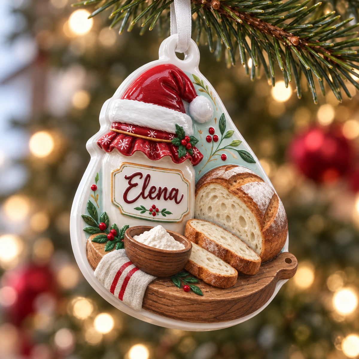 Sourdough Bread Baker Christmas Decoration with Starter Jar and Sliced Loaf - 3D Relief Ornament