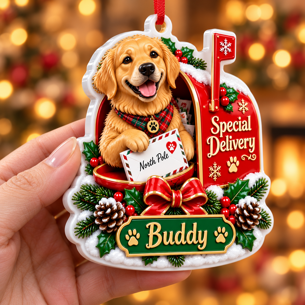 Golden Retriever Dog Christmas Mailbox Special Delivery - 3D Relief Ornament