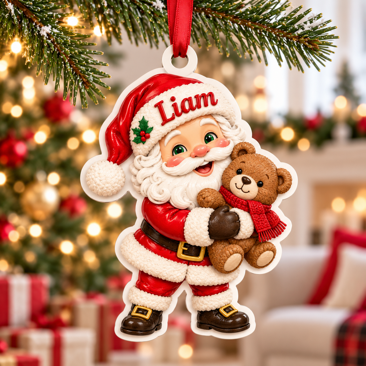 Santa Claus Holding Teddy Bear Acrylic Holiday Tree Decoration - 3D Relief Ornament
