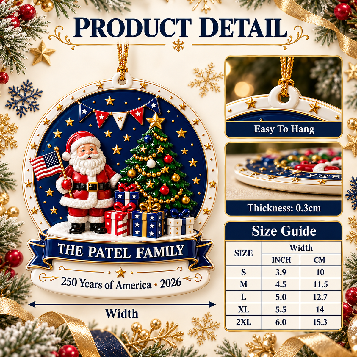 Patriotic Santa Claus with American Flag and Christmas Tree Medallion - 3D Relief Ornament
