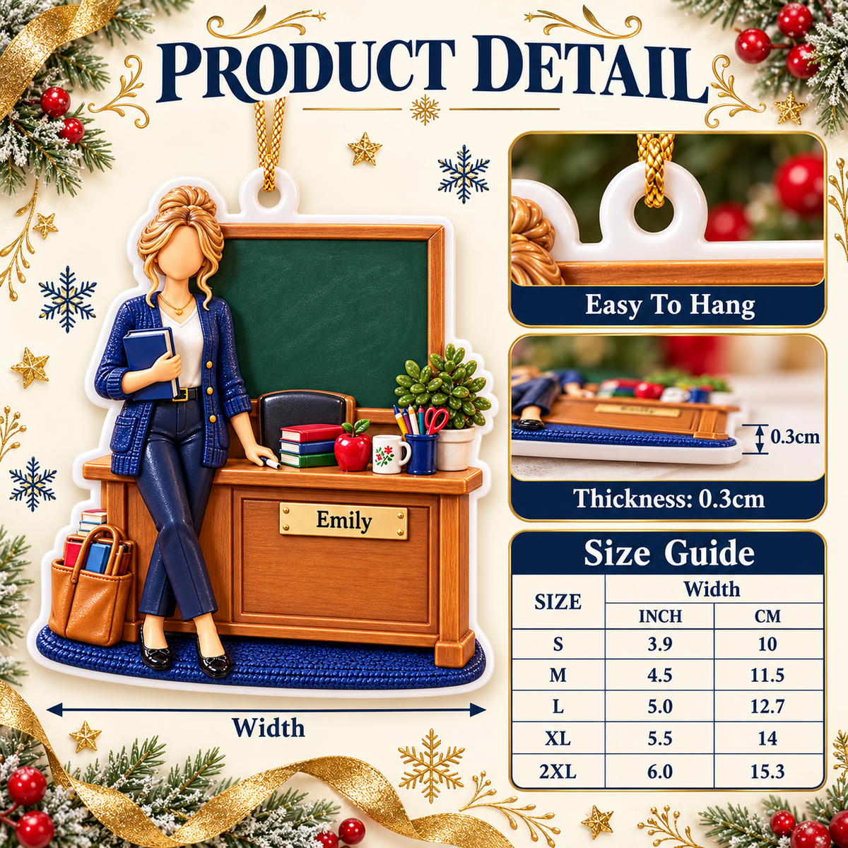 Female Teacher at Classroom Desk with Blackboard and Books Holiday Decor - 3D Relief Ornament