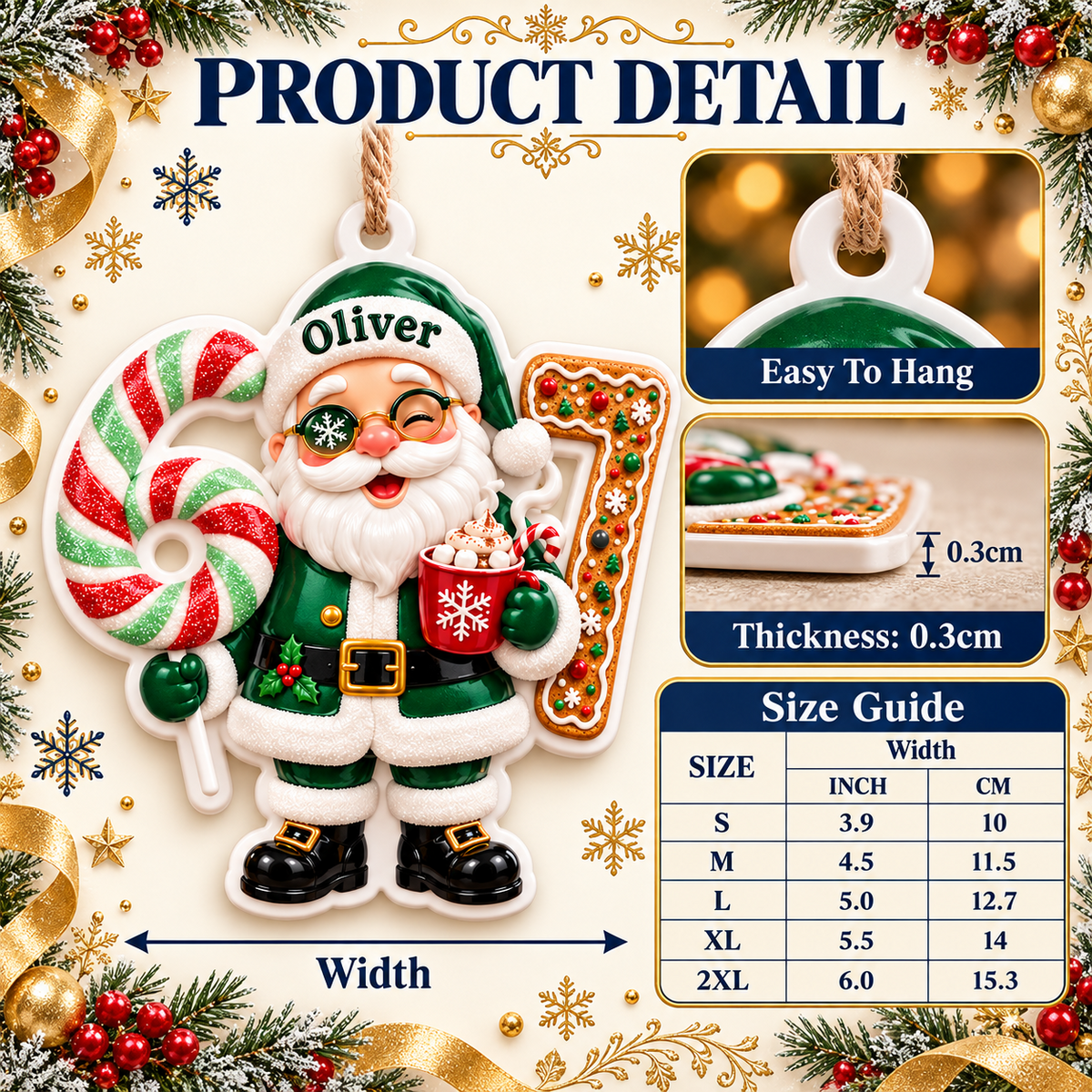 Green Santa Claus Number 67 Acrylic Christmas Tree Decoration - 3D Relief Ornament