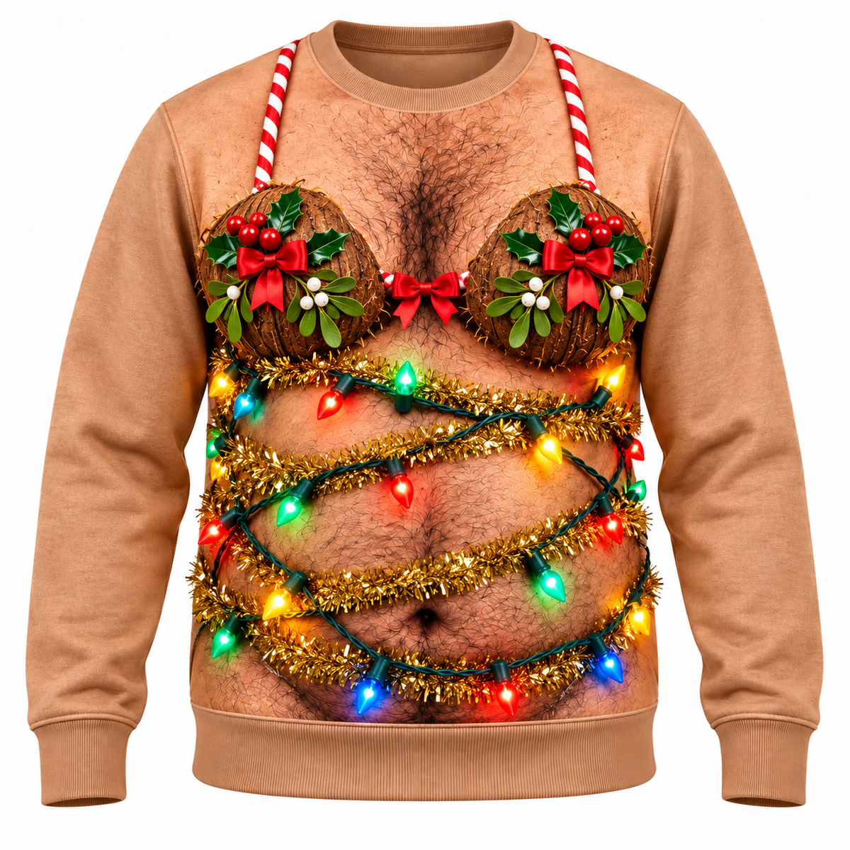 Funny Christmas Sweatshirt Hairy Chest Bikini Graphic Tan Pullover