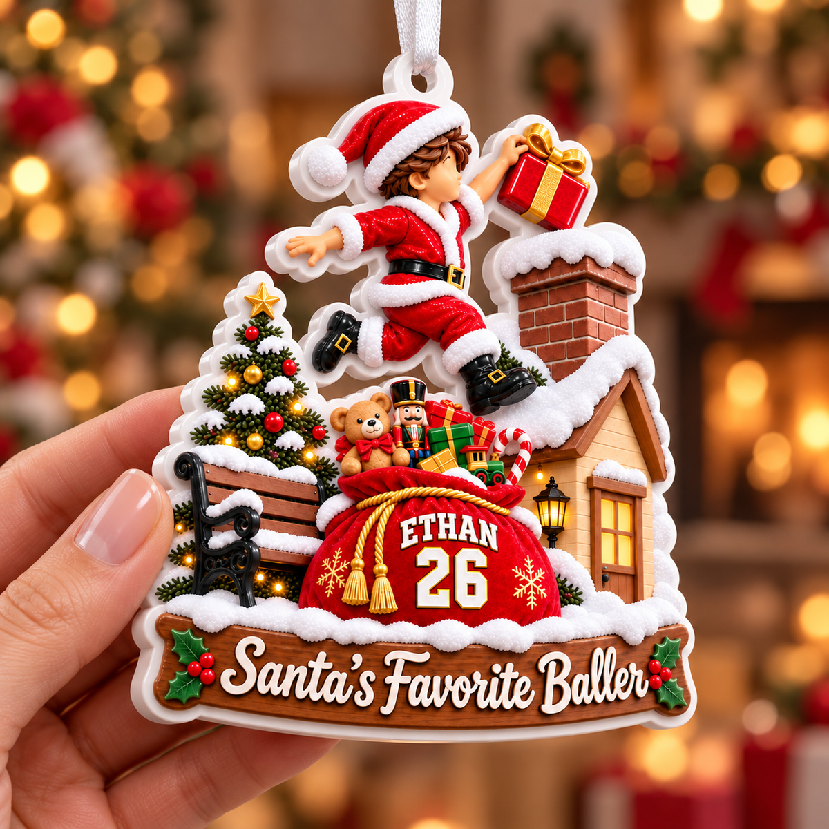 Santa's Favorite Baller Chimney Scene Acrylic Holiday Keepsake - 3D Relief Ornament