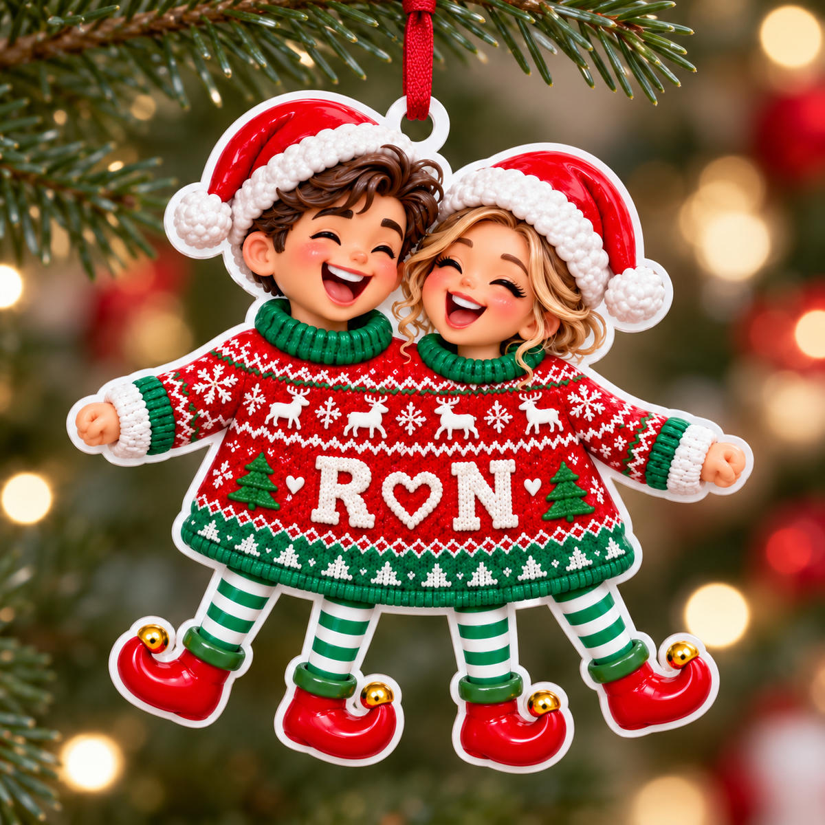 Couple in Red Two-Person Christmas Sweater Holiday Hanging Keepsake - 3D Relief Ornament