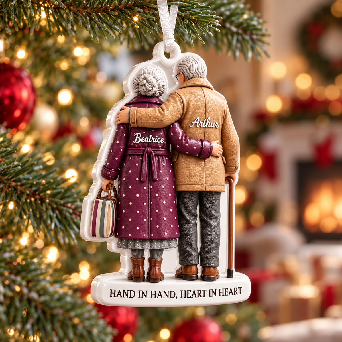 Grandparents Holiday Tree Keepsake, Elderly Couple Embracing Design - 3D Relief Ornament