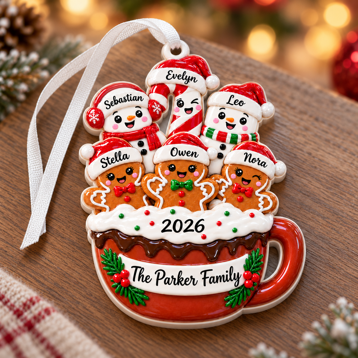 Hot Cocoa Mug Snowman and Gingerbread Family Holiday Tree Hanging Decor - 3D Relief Ornament
