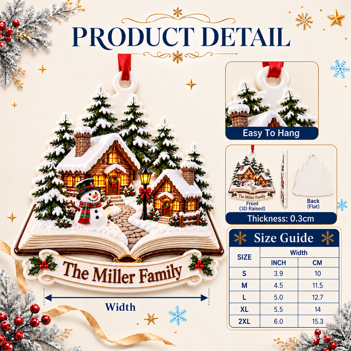Storybook Winter Village Snowman Cabin Holiday Tree Decor - 3D Relief Ornament