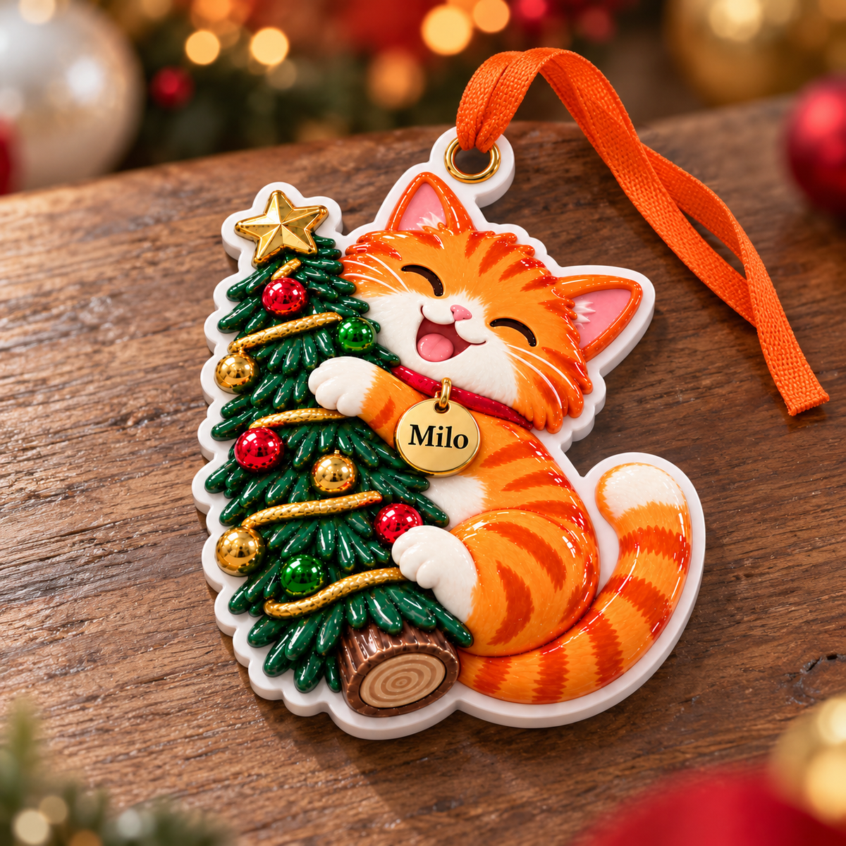 Orange Tabby Cat Hugging Christmas Tree Holiday Keepsake - 3D Relief Ornament