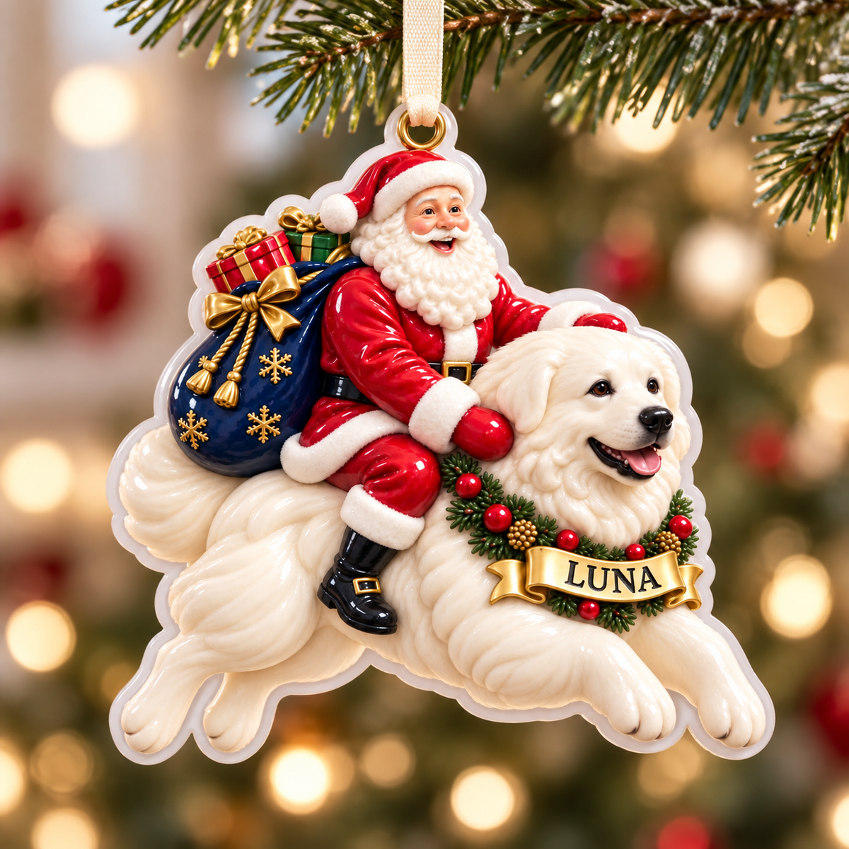 Great Pyrenees Santa Claus Christmas Tree Hanging Decoration - 3D Relief Ornament