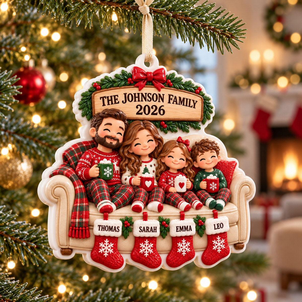 Family of 4 on Sofa with Christmas Stockings Holiday Keepsake - 3D Relief Ornament